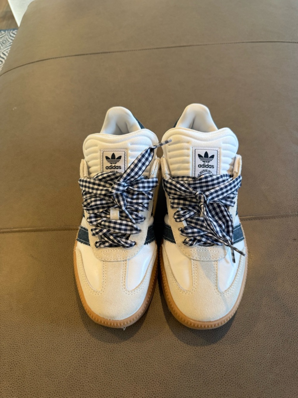 adidas White Sneakers with Navy Gingham Trim